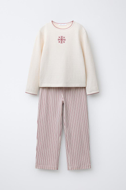 ZARA ПИЖАМА «СНЕЖИНКА» С ВЫШИВКОЙ КРЕСТИКОМ И ПОЛОСКАМИ, БУРГУНДИ