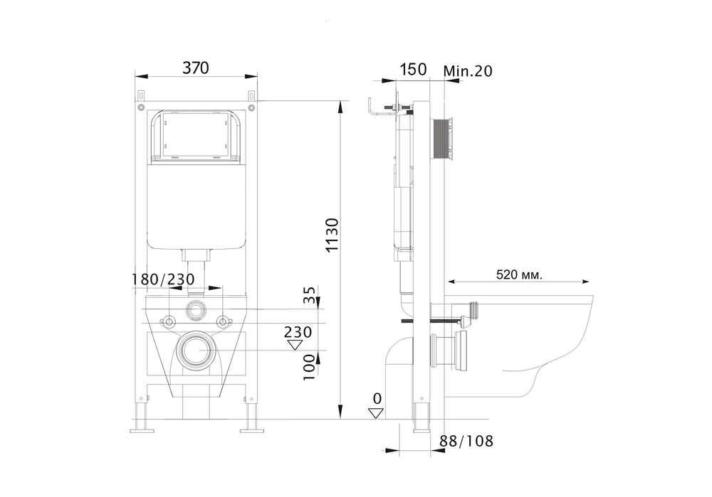 Инсталляция для подвесного унитаза узкая Aquatek Standart 37 INS-0000017 , 1130*370*150 мм, +звукоизоляционная прокладка