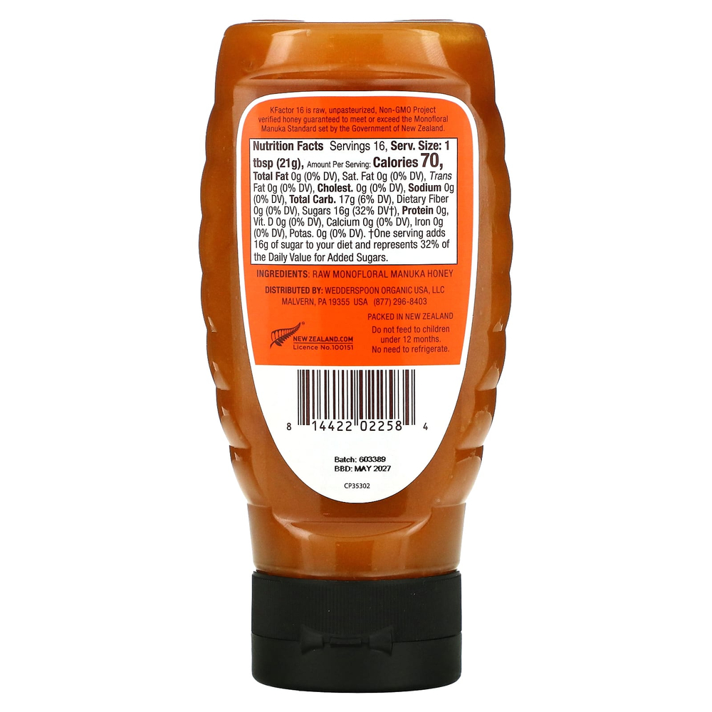 Wedderspoon, Сырой монофлорный мед манука, KFactor 16, 340 г (12 унций)