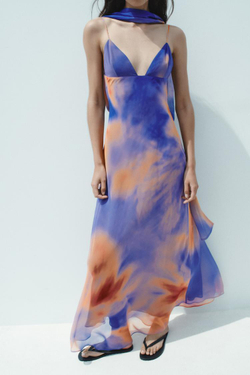 ZARA ДЛИННОЕ ПЛАТЬЕ С ПРИНТОМ, РАЗНОЦВЕТНЫЙ