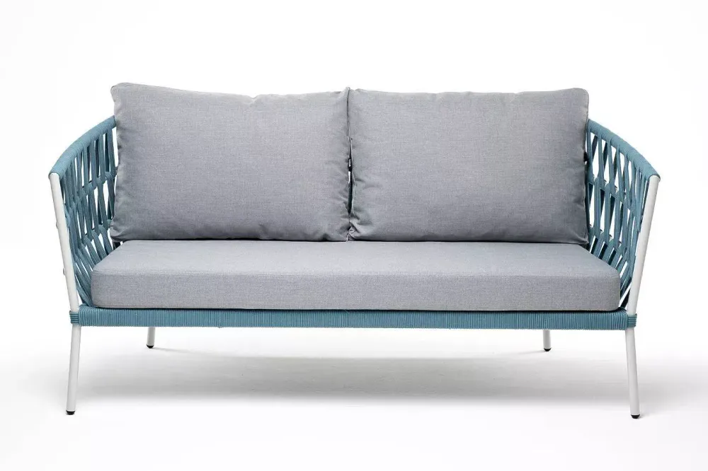 "Диего" диван 2-местный плетеный из роупа, каркас алюминий светло-серый (RAL7035) муар, роуп бирюзовый круглый, ткань светло-серая