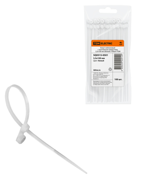 Хомуты нейлоновые белые с монтажным отверстием 100х3,5мм (100 шт/уп) TDM