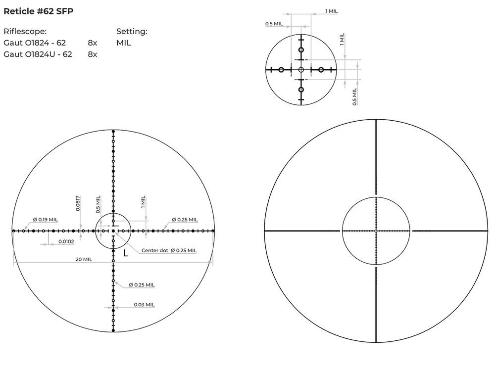 Прицел Gaut Obsidian 1-8x24, сетка 62 (Half MD), 1/2 МОА