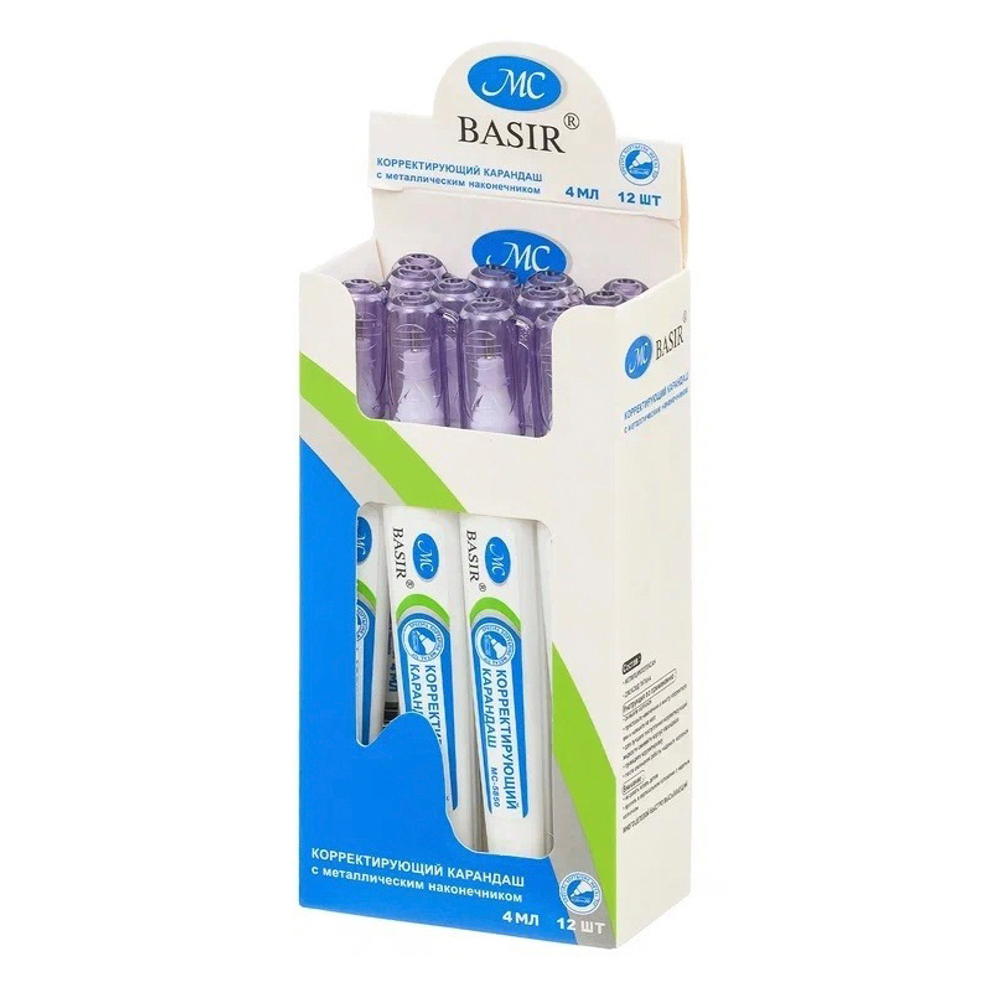 Корректор ручка Basir, прямой корпус, 4 мл, 12 шт