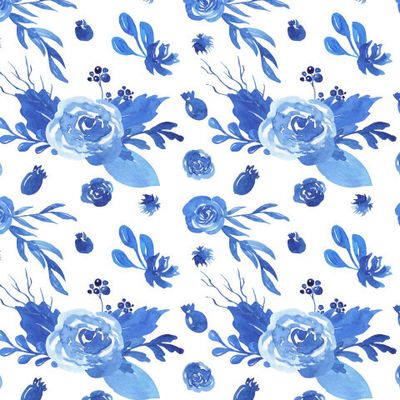 Синий узор из ботанических элементов на белом фоне