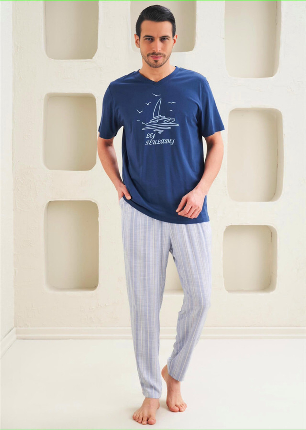 Мужская Пижама 2-х предметная - Спортивный стиль, короткий рукав - Голубое море - 10816