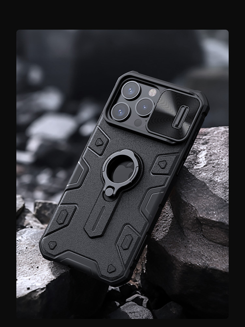 Чехол от Nillkin для смартфона iPhone 15 Pro, CamShield Armor Case, с кольцом и металлической защитной шторкой для камеры