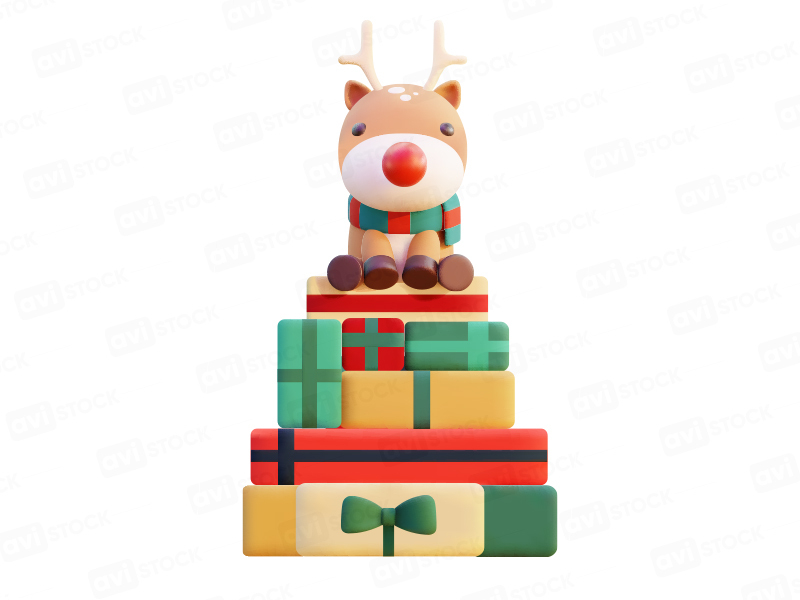 3D иллюстрация оленёнка с подарками — новогодний клипарт для дизайна и рекламы