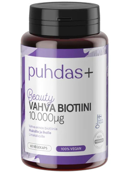 Пищевая добавка Puhdas+ Beauty Биотин 10000 мкг 60 капсул, для волос, кожи и слизистых оболочек