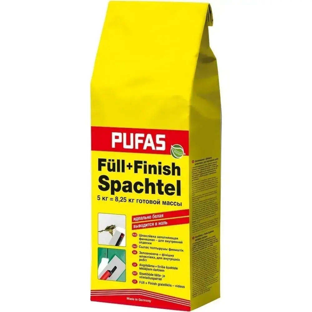 Шпатлевка Финишная Pufas 5 кг. Германия Пуфас для стен и потолков, высокая эластичность,сухая, шпаклевка для внутренних работ, белая,для стен и потолков,для гипсокартона