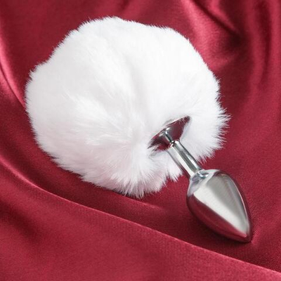 Серебристая анальная пробка с белым хвостом (Цвет: серебристый)