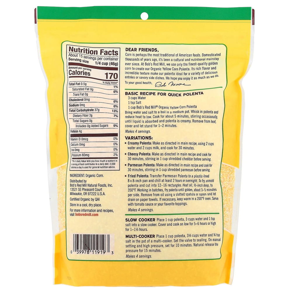 Bob's Red Mill, Органическая кукурузная крупа, полента, 680 г (24 унции)