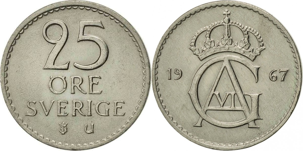 Швеция 25 эре, 1962-1973 Король Густав VI Адольф XF
