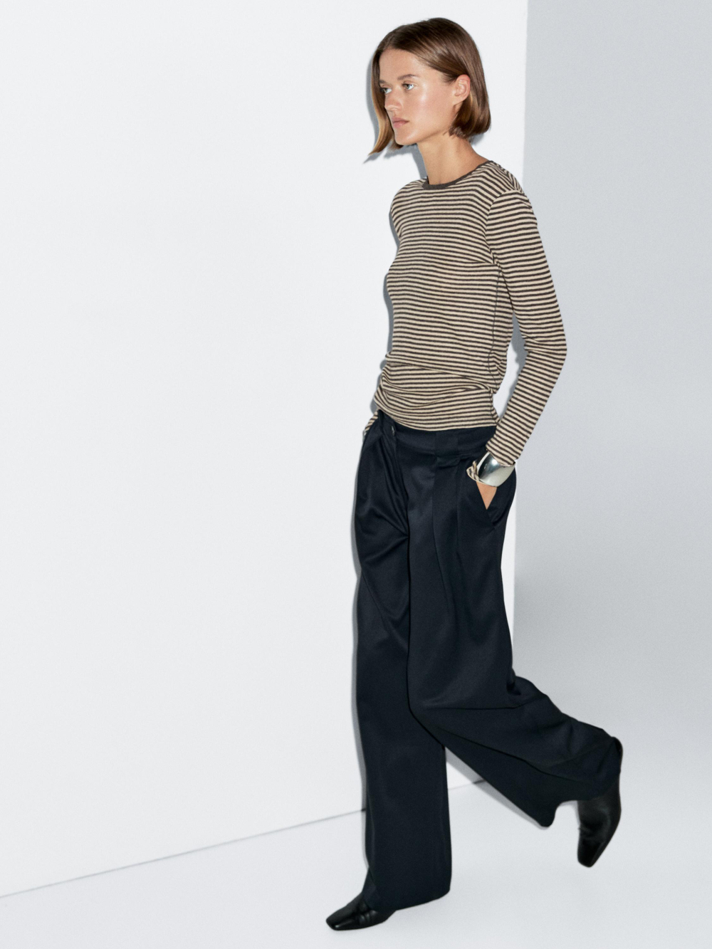 Massimo Dutti Футболка из смесового хлопка с длинными рукавами, серый меланж