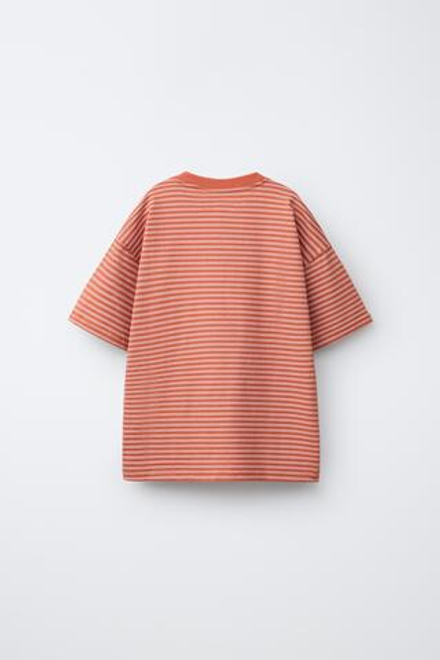 ZARA ФУТБОЛКА В ПОЛОСКУ С ВЫШИВКОЙ, ЧЕРЕПИЧНЫЙ