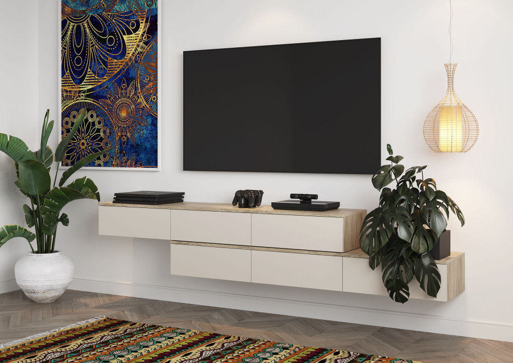 Тумба под телевизор подвесная Дуб Крафт Серый/Кашемир 163,4х20х35 см