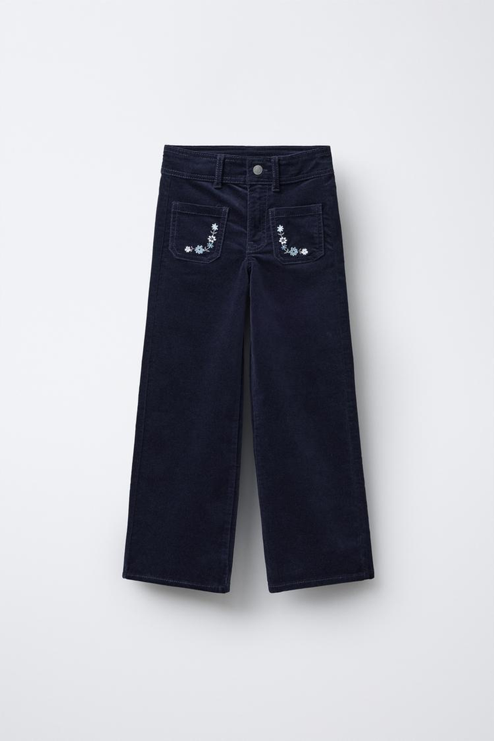 ZARA БАРХАТНЫЕ БРЮКИ С ВЫШИВКОЙ В ВИДЕ ЦВЕТОВ, СИНИЙ