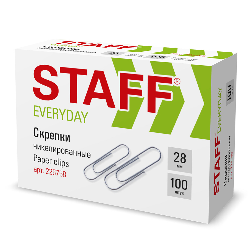 Скрепки STAFF "EVERYDAY" 28 мм никелированные 100 шт. в картонной коробке (30 штук в упаковке)