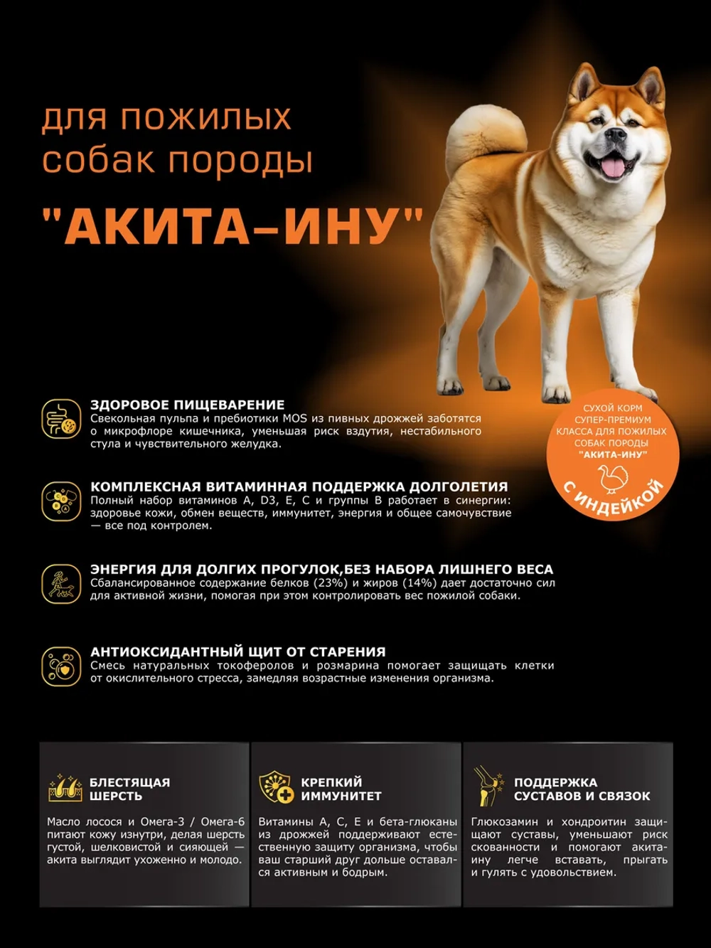 Корм сухой для собак Акита-ину старше 5 лет, индейка 3 кг