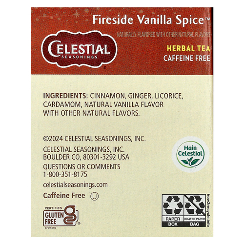 Celestial Seasonings, Herbal Tea, Fireside Vanilla Spice ™, без кофеина, 20 чайных пакетиков, 43 г (1,5 унции)