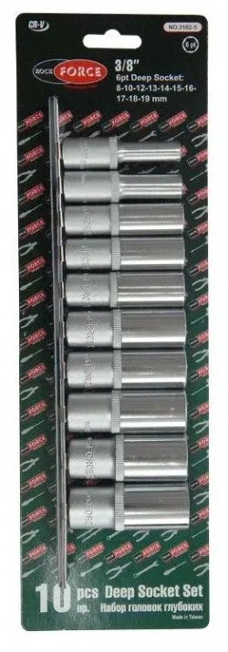 Набор торцевых головок RF-3102-5: 3/8"DR 6-гранных глубоких на планке 10пр. ROCKFORCE