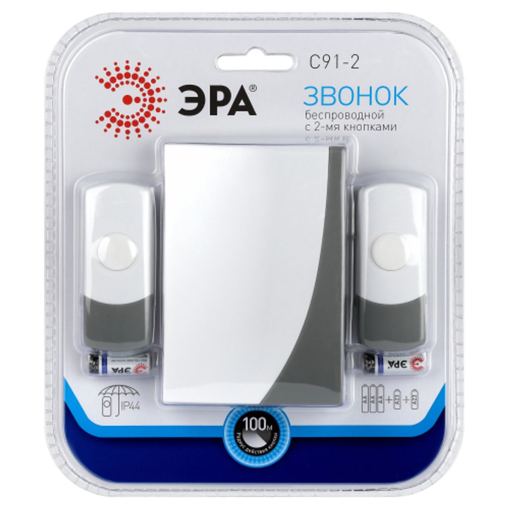 Звонок дверной ЭРА C91-2 беспроводной две кнопки белый с серым 2 мелодии
