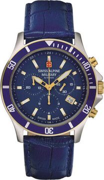С ремешком Мужские наручные часы с синим кожаным ремешком Swiss Alpine Military 7022.9545 chronograph 42mm 10ATM