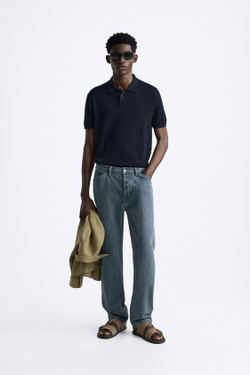 ZARA ТРИКОТАЖНОЕ ПОЛО ИЗ ХЛОПКА И ШЕЛКА, МОРСКОЙ СИНИЙ