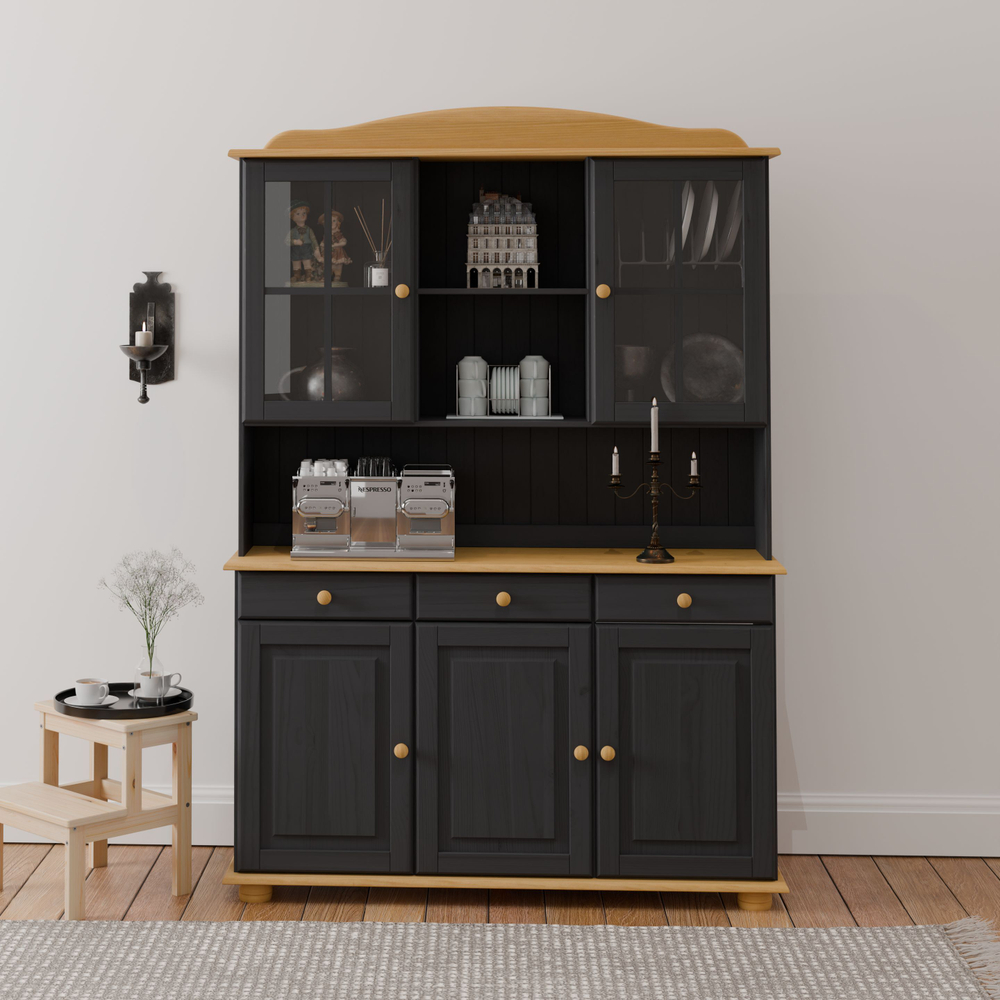 Шкаф Лена двухдверный из массива сосны, с 3 полками (верхняя часть буфета Лена), серый/антик