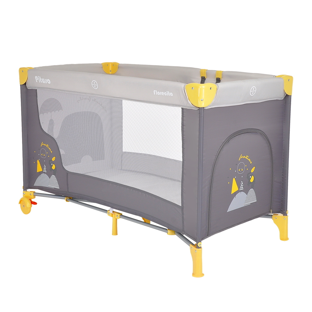 PITUSO Манеж-кровать Florecita Grey/Серый, 1 уровень,2 кольца,2 колеса,лаз на молнии,125X65X78 см