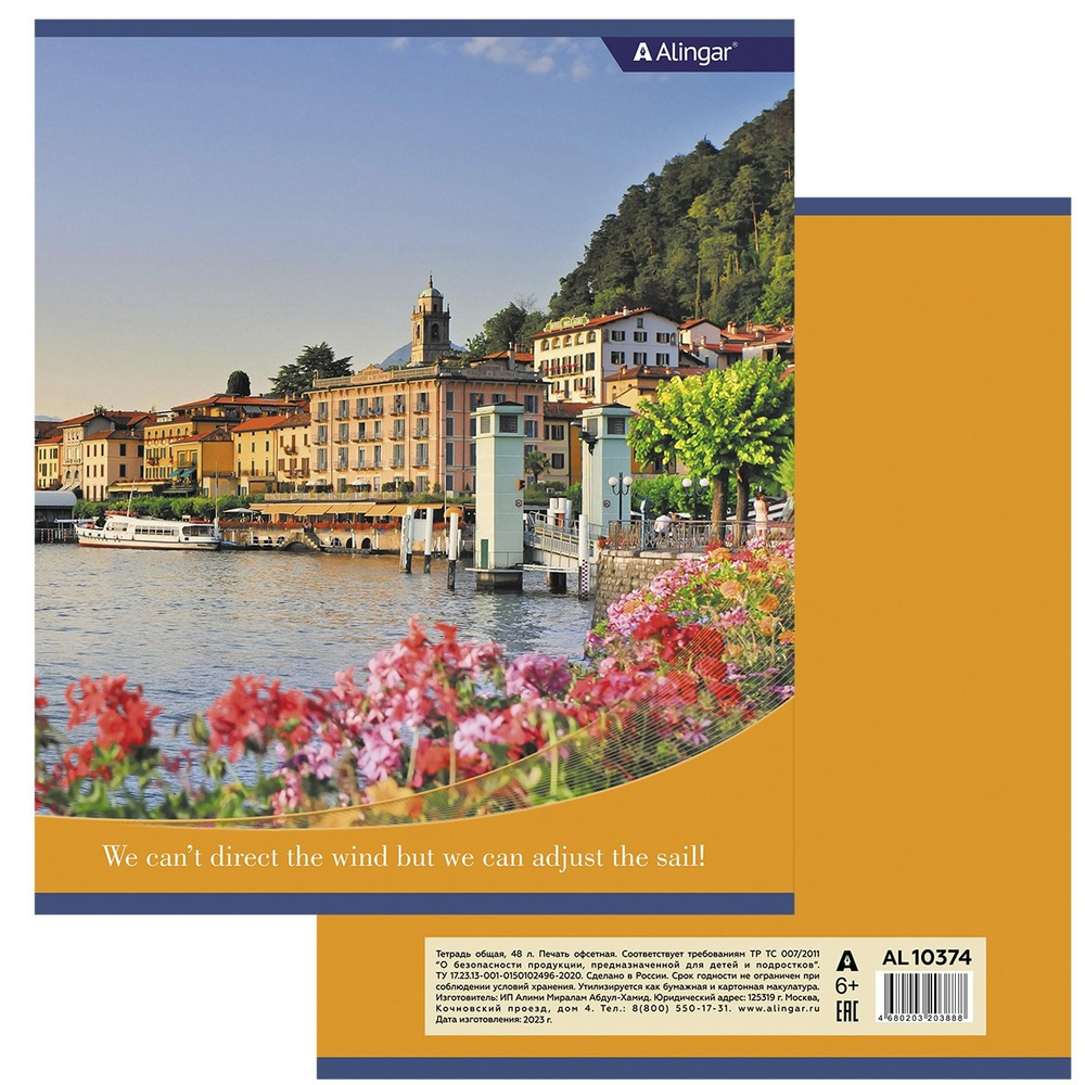 Тетрадь 48л., А5, клетка, Alingar "Европейские города", скрепка, мелованный картон (стандарт), блок офсет, 4 дизайна в пленке т/у