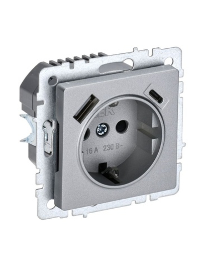 Розетка BRITE РЮш11-1-БрА 16А с USB A+C 18Вт с заземл. защ. шторки механизм алюм. IEK BR-R14-16-U22-018-K47