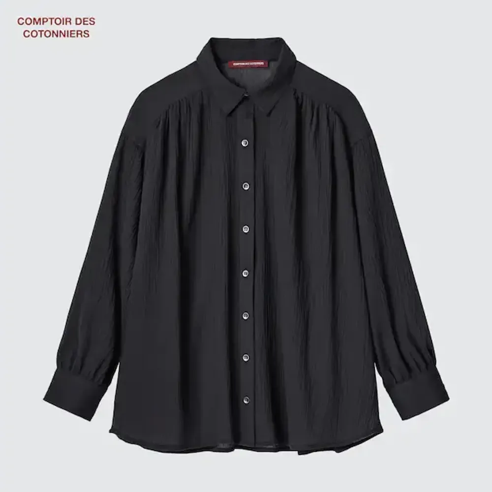 UNIQLO ХЛОПЧАТОБУМАЖНАЯ ПРОЗРАЧНАЯ РУБАШКА С ДЛИННЫМИ РУКАВАМИ В СКЛАДКУ, ЧЕРНЫЙ