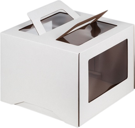 Белая коробка для торта 26х26х20 с окном и ручками