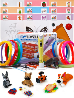 3D ручка Myriwell RP100B (цвет: желтый), набор пластика PLA 120 метров (10 цветов по 10 метров + 2 мотка светящегося пластика) и набор трафаретов для 3Д ручек