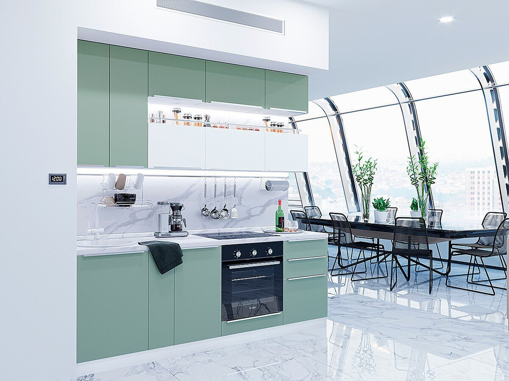 Прямая модульная кухня Фьюжн-01 Silky Mint/Silky White - Белый 2340*2300*600