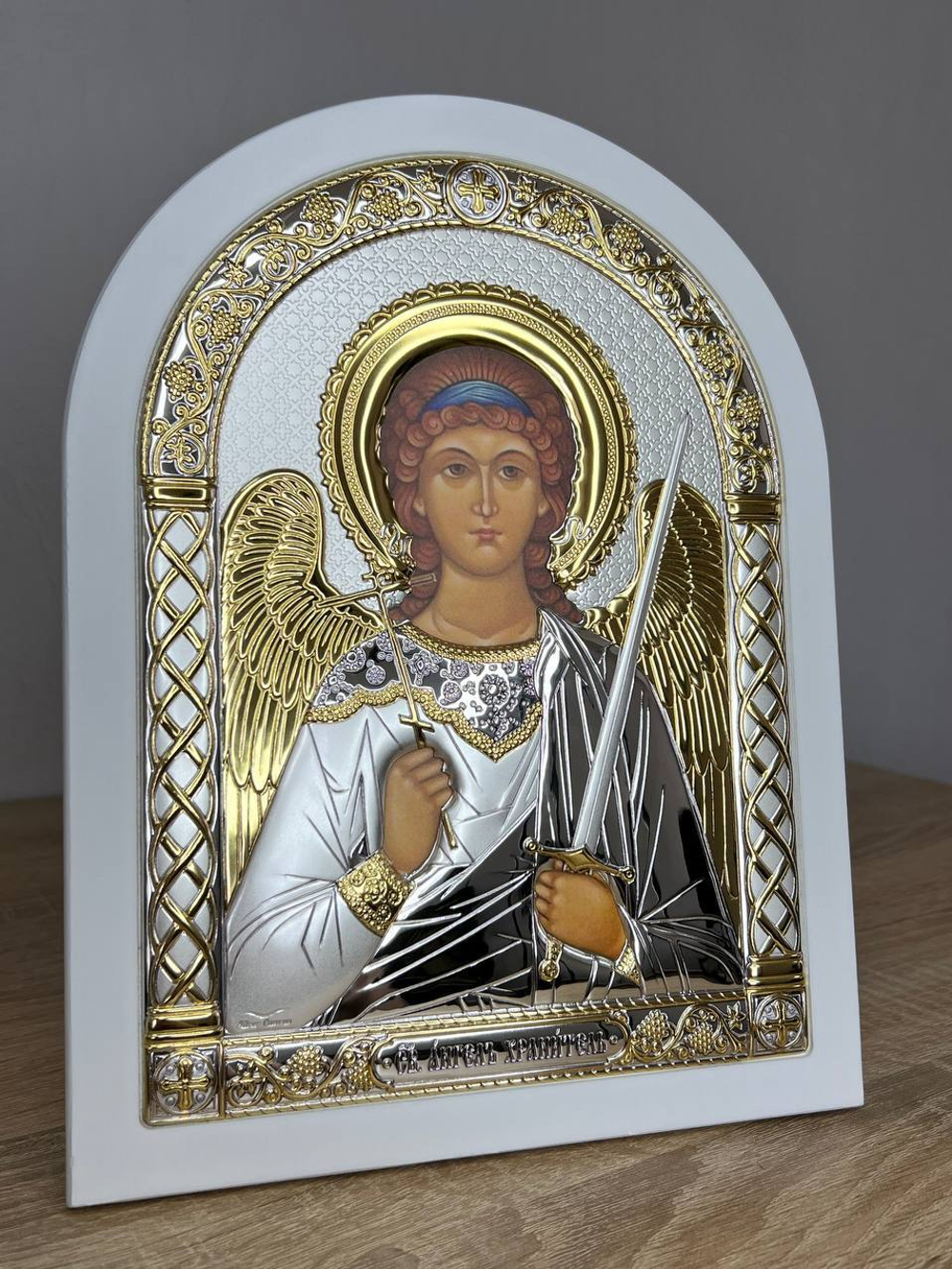 Ангел Хранитель, икона арочная, белое дерево 175х225