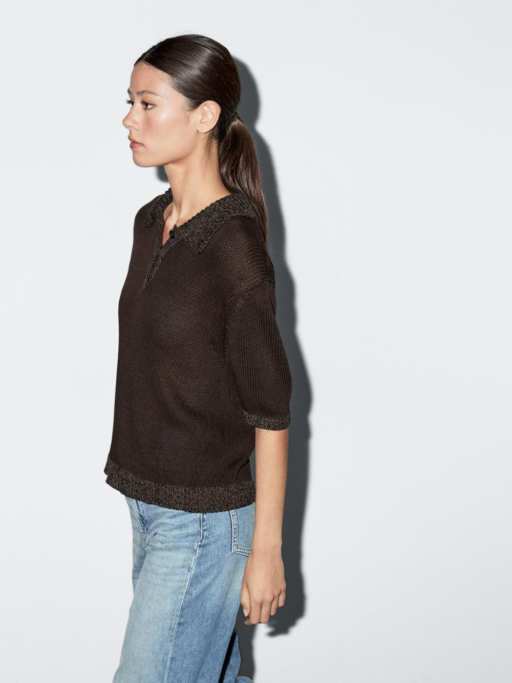 Massimo Dutti Свитер поло с контрастным воротником, шоколадный