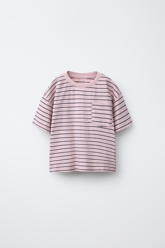 ZARA ФУТБОЛКА ИЗ ТКАНИ В ПОЛОСКУ С КАРМАНОМ, СИРЕНЕВЫЙ