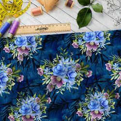 Ткань барби пастельные цветы на синем фоне с листьями