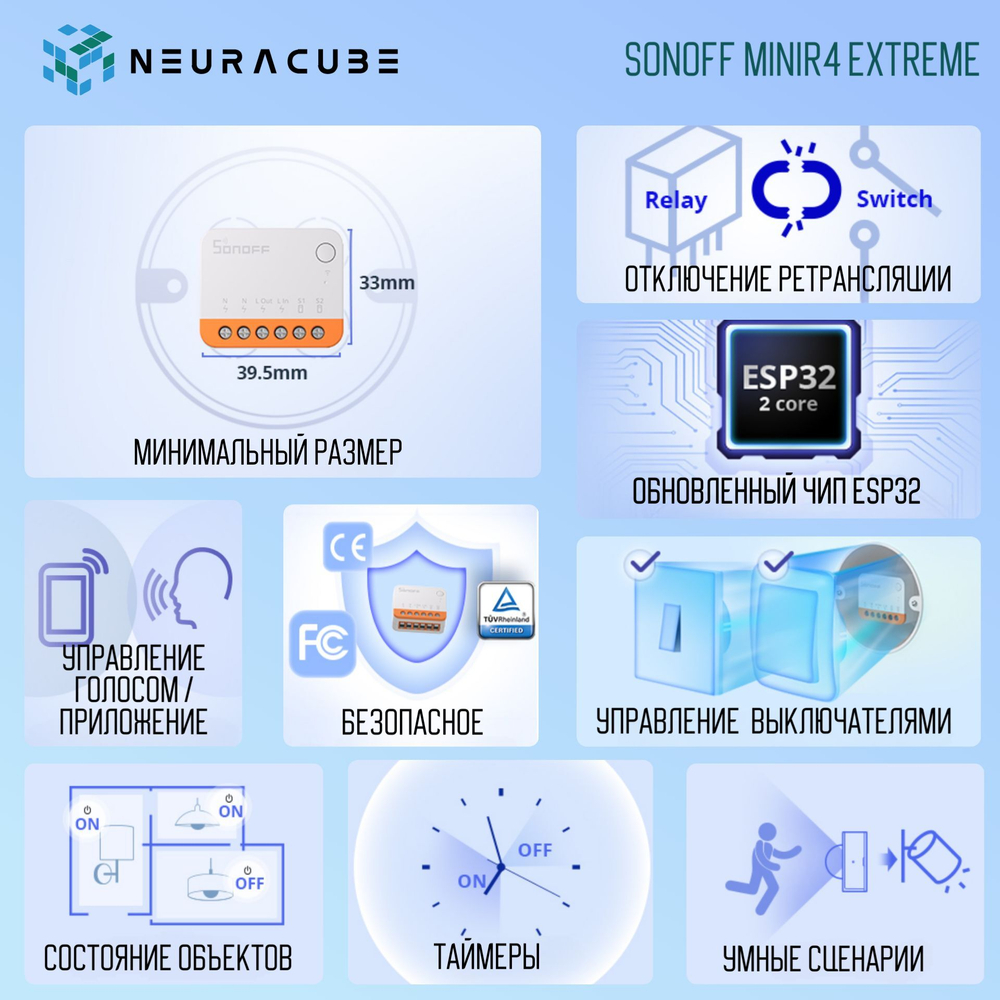 WiFi Реле Sonoff MINIR4 Extreme, 10А/2200Ватт (Работает с Яндекс Алисой)