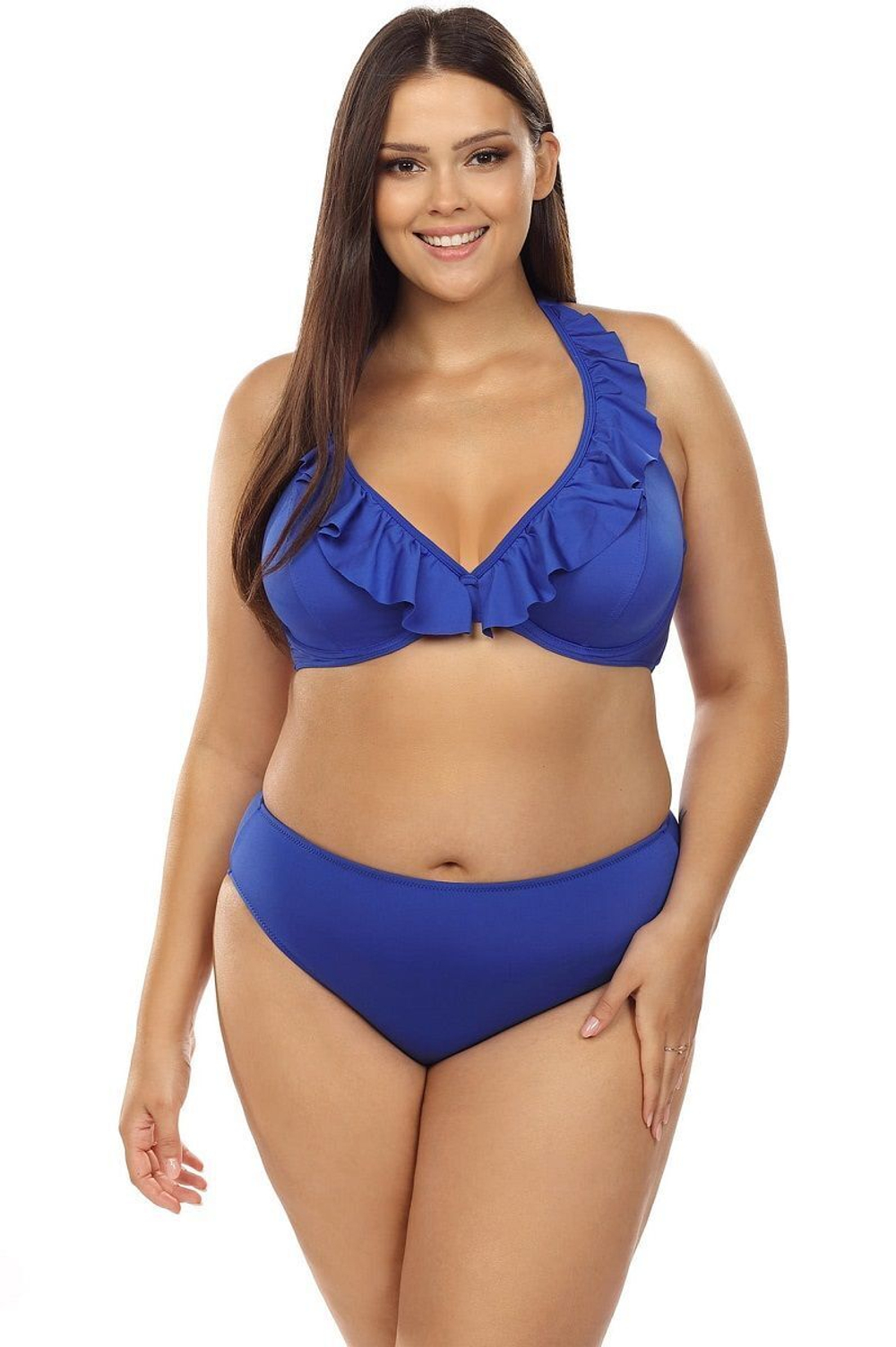 Раздельный купальник plus size с игривой оборкой на лифе (Размер: 70G/36) (Цвет: синий)