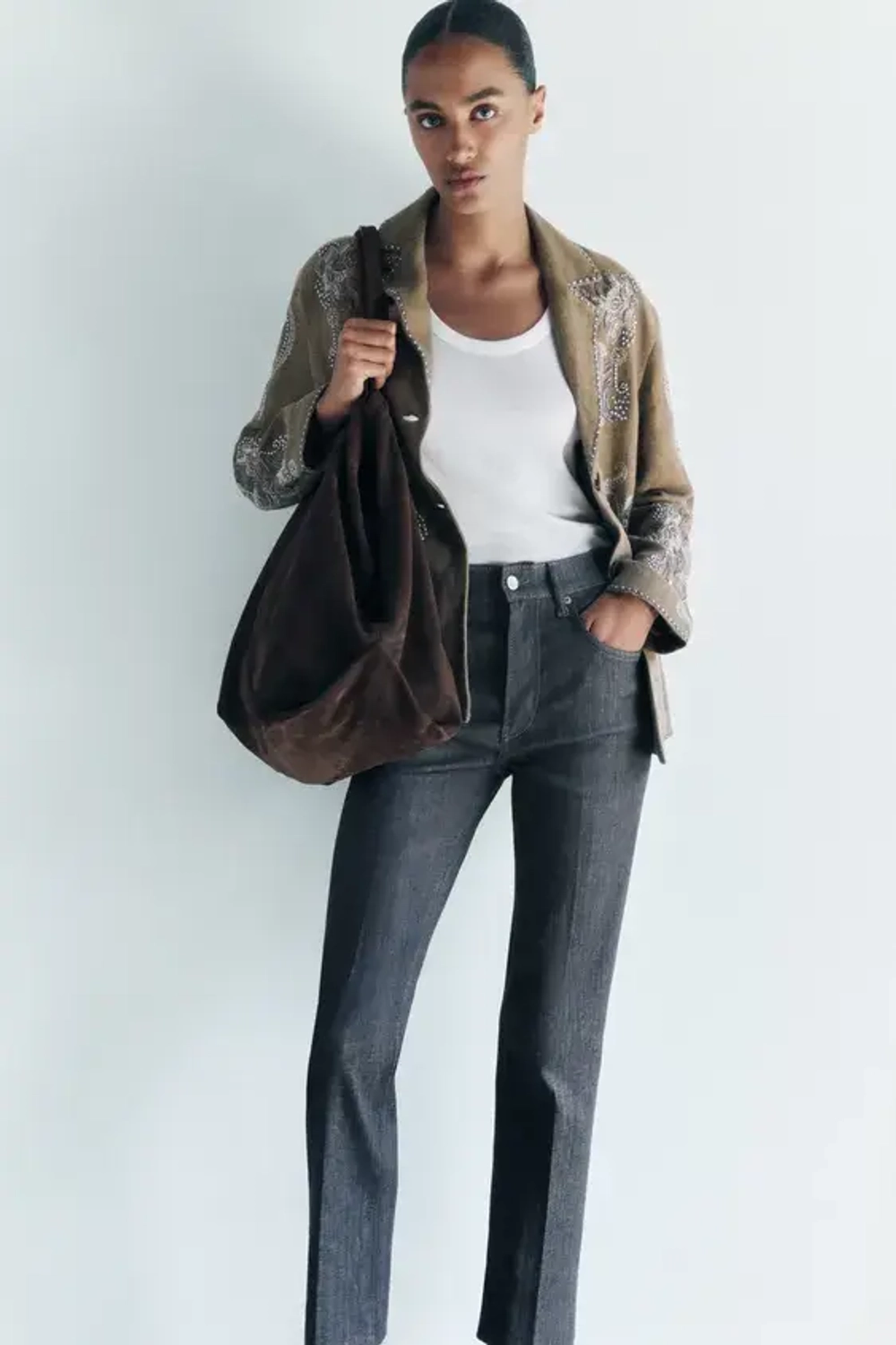 ZARA ДЖИНСЫ BOOTCUT CROPPED С ВЫСОКОЙ ПОСАДКОЙ — ZW COLLECTION, СЕРЫЙ