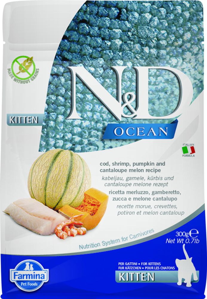 Сухой корм FARMINA N&amp;D Ocean Kitten для котят с треской, креветкой, тыквой и дыней - 0,3 кг
