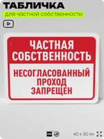 Табличка для частной территории "Частная собственность, не согласованный проход запрещен", на дом, для участка, организаций, предупреждающая, 40х30 см, Silver Plane x Айдентика Технолоджи