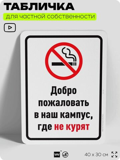 Табличка для частной территории "Добро пожаловать в кампус, где не курят", на дом, для участка, для подъезда, организаций и частных территорий, 40х30 см, Silver Plane x Айдентика Технолоджи