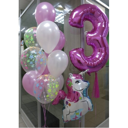Сет из шаров Розовый с Единорогом и Цифрой