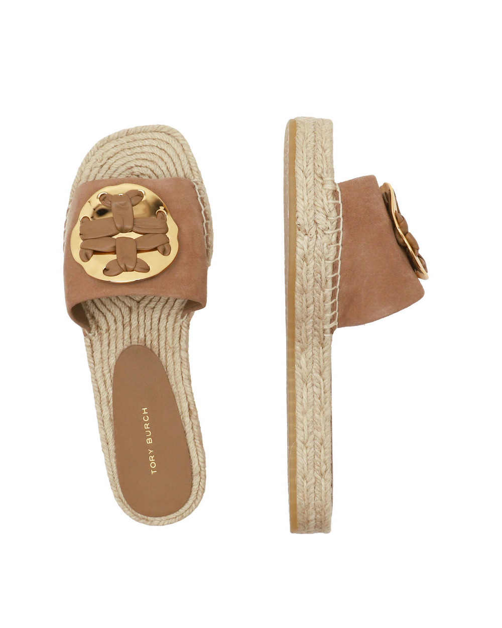Кожаные шлепанцы woven double t espadrille TORY BURCH - коричневый(144040)