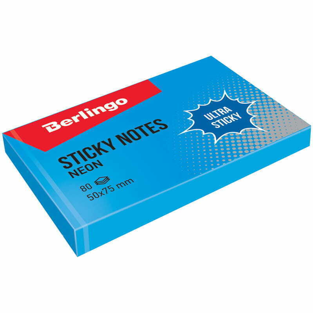 Самоклеящийся блок Berlingo "Ultra Sticky", 50*75мм, 80л., синий неон