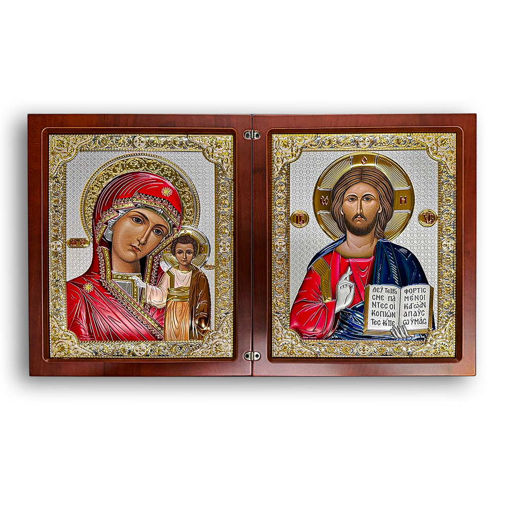 Складень, Казанская БМ, Спаситель, икона прямоугольная, красное дерево, эмаль 185х300